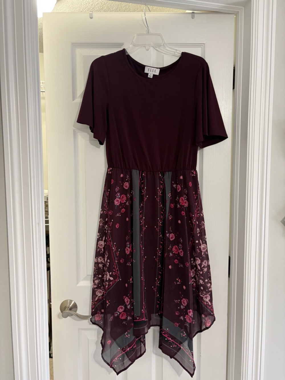 Ellie Plum Floral Asymmetrical Handkerchief Hem Dress